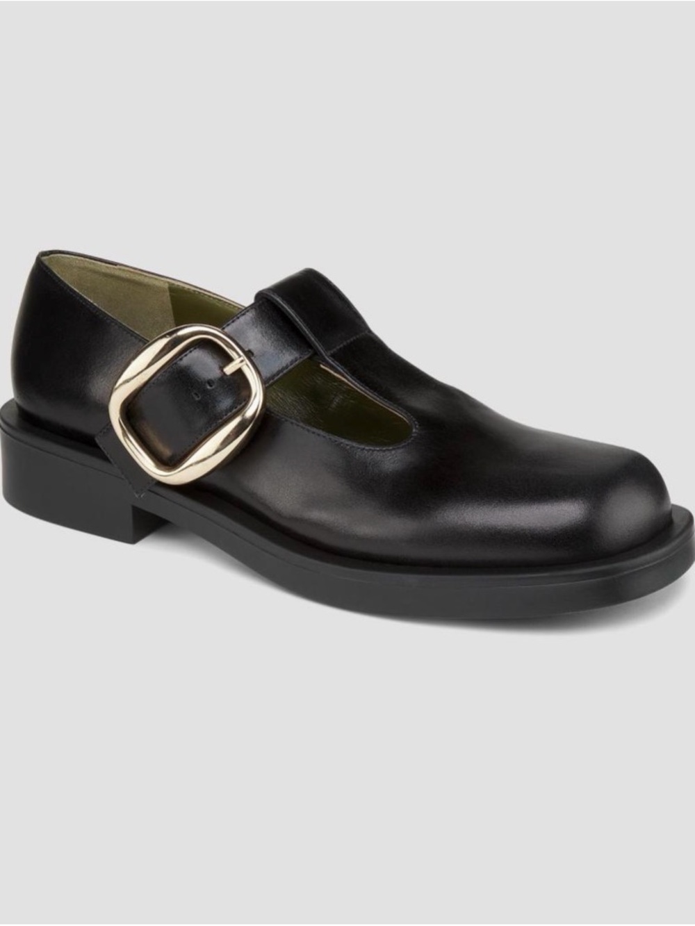 Black Leather Mary Jane Flats with Gold Buckle